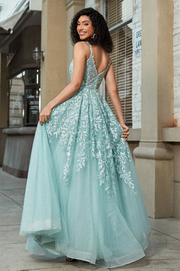 Splendida linea di spalline sottili menta corsetto abito da ballo con appliques
